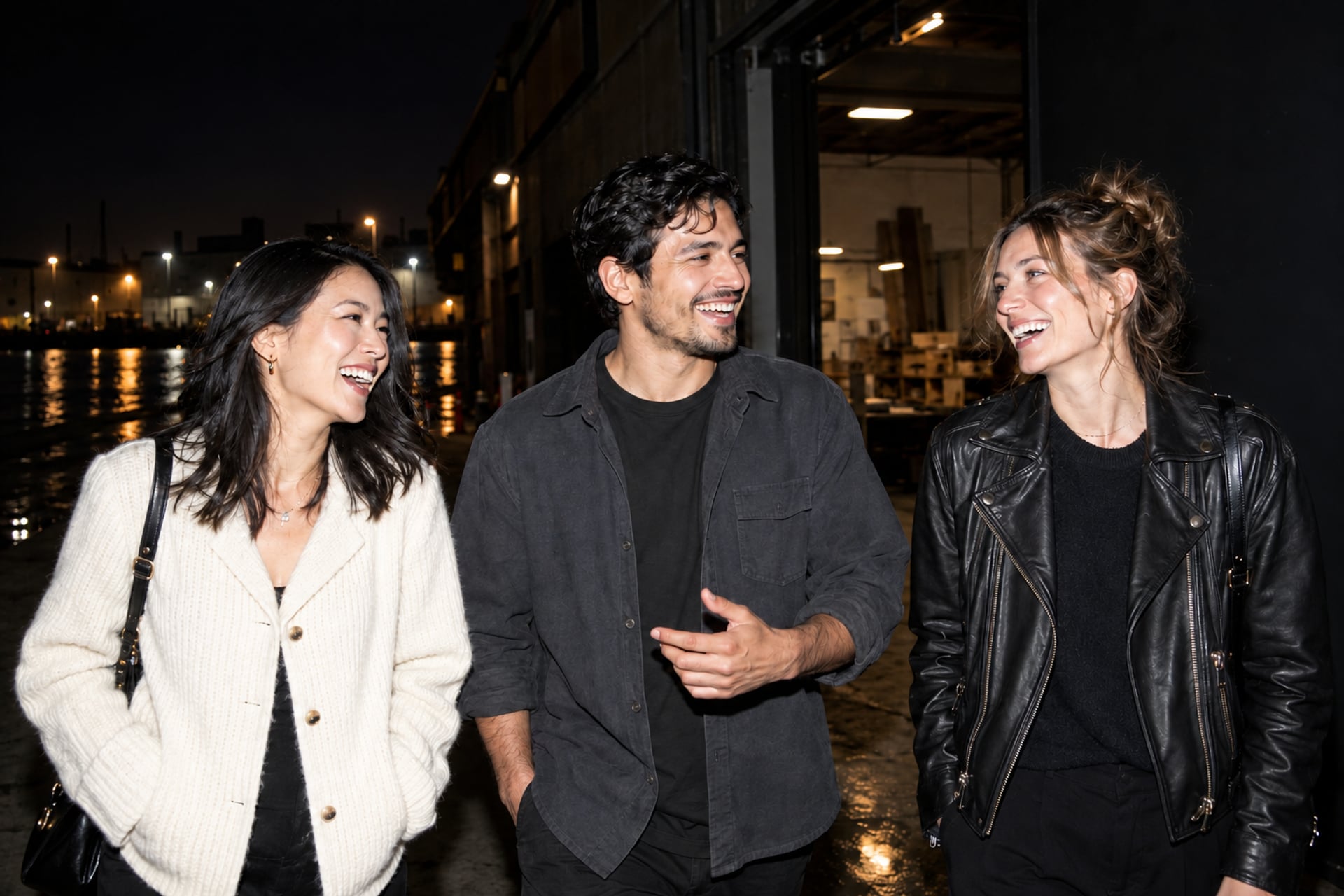 Three peers laugh outside a San Francisco workshop after dark.
